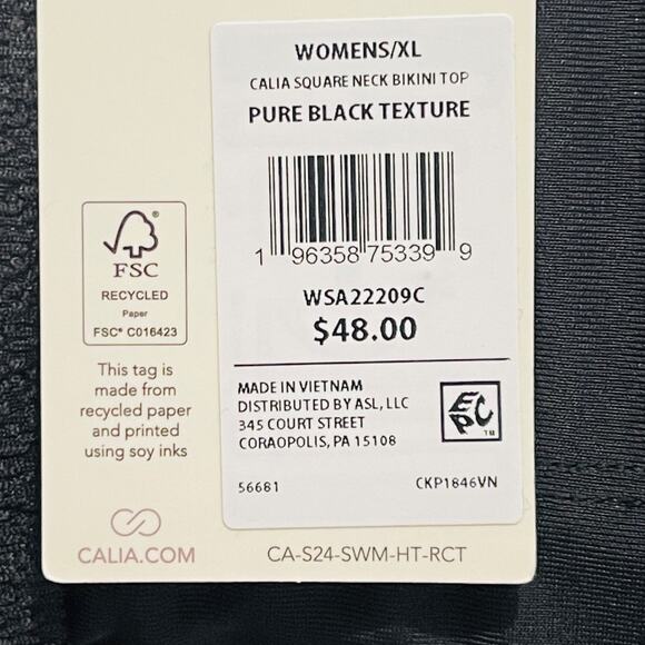 Calia Square Neck Bikini Swimsuit Top Womens XL Black UPF 50 Removable Pads - Picture 8 of 9